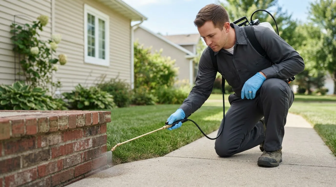 Pest control technician treating a home near Parshall, CO